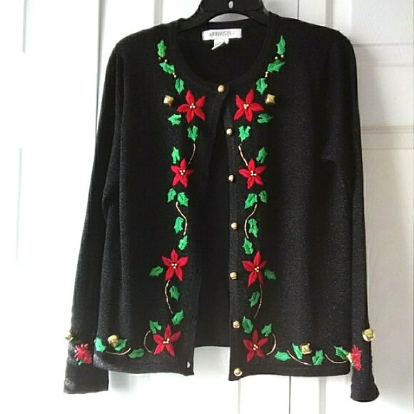Christmas/Holiday Sweater Black Sparkly with Poinsettia Trim Medium - Picture 1 of 4